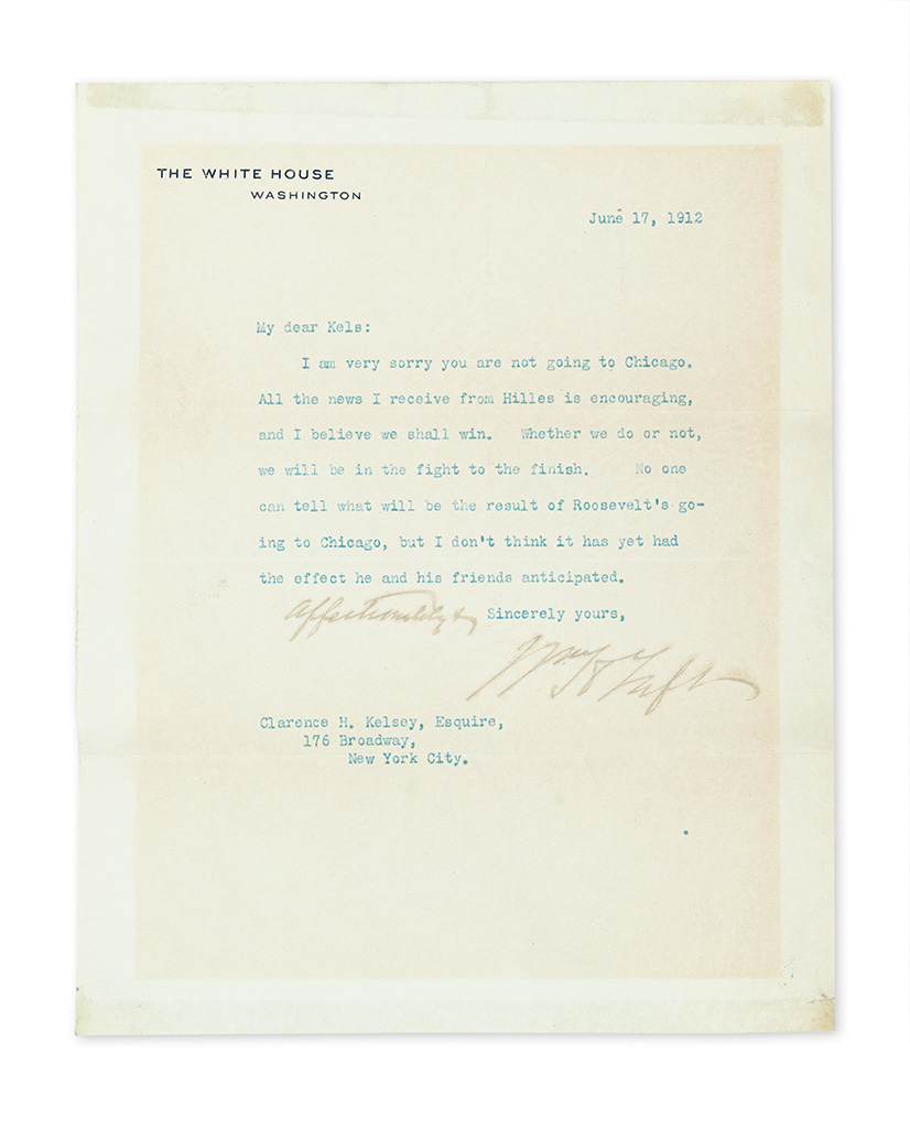 TAFT, WILLIAM HOWARD. Two Typed Letters Signed, W.H.T. or WmHTaft, as President, each to Yale classmate Clarence H. Kelsey (My dea